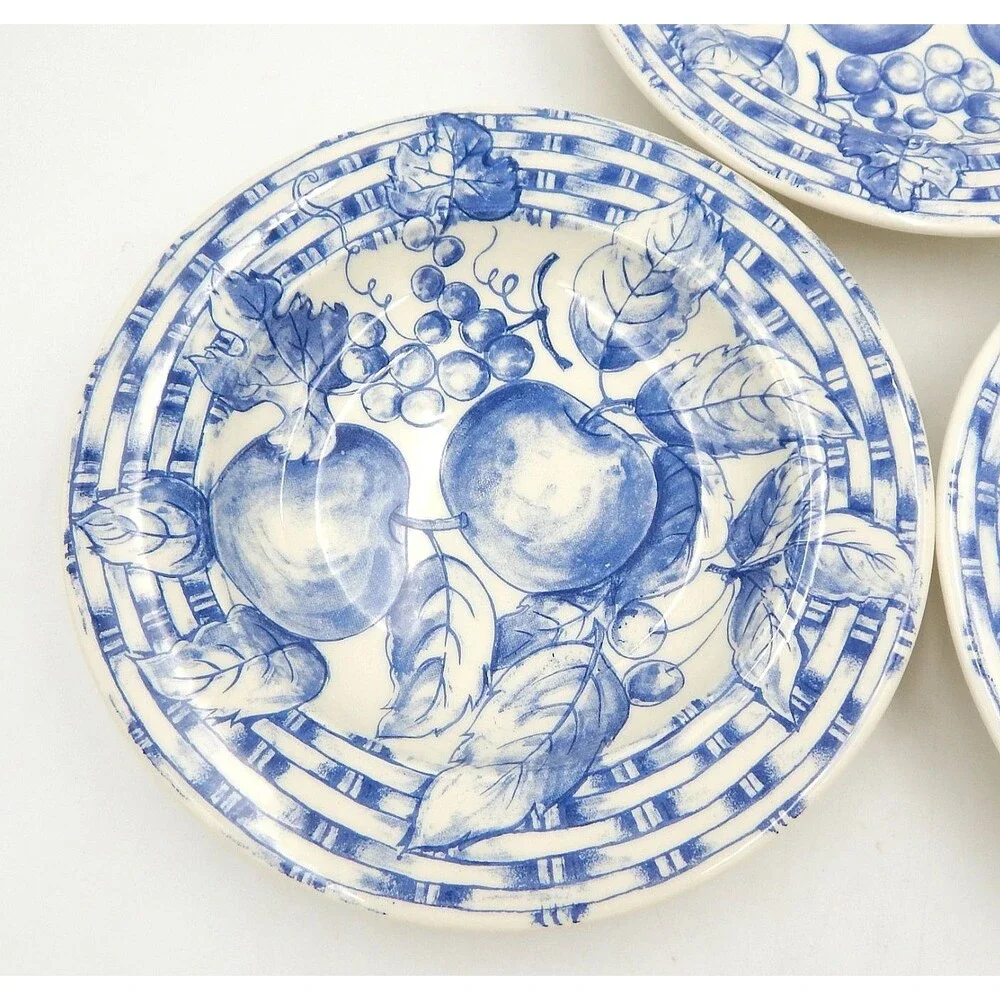 Pier 1 Soup Pasta Bowls Basket Weave Blue White Rim Apples Handpainted Italy S/3